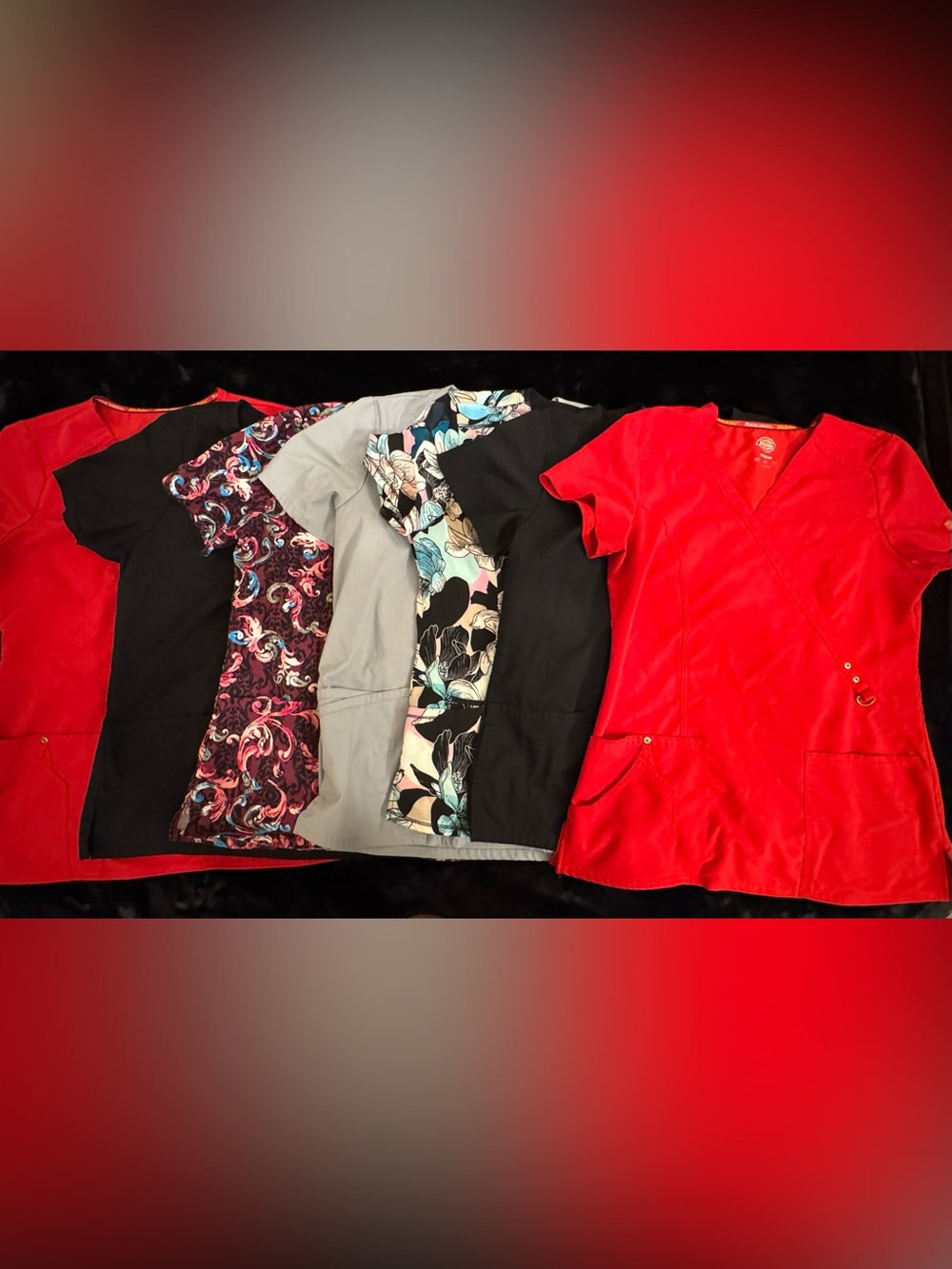 Women’s Mixed-Panel Short-Sleeve Scrub Tops - Black, Red, Gray, Floral